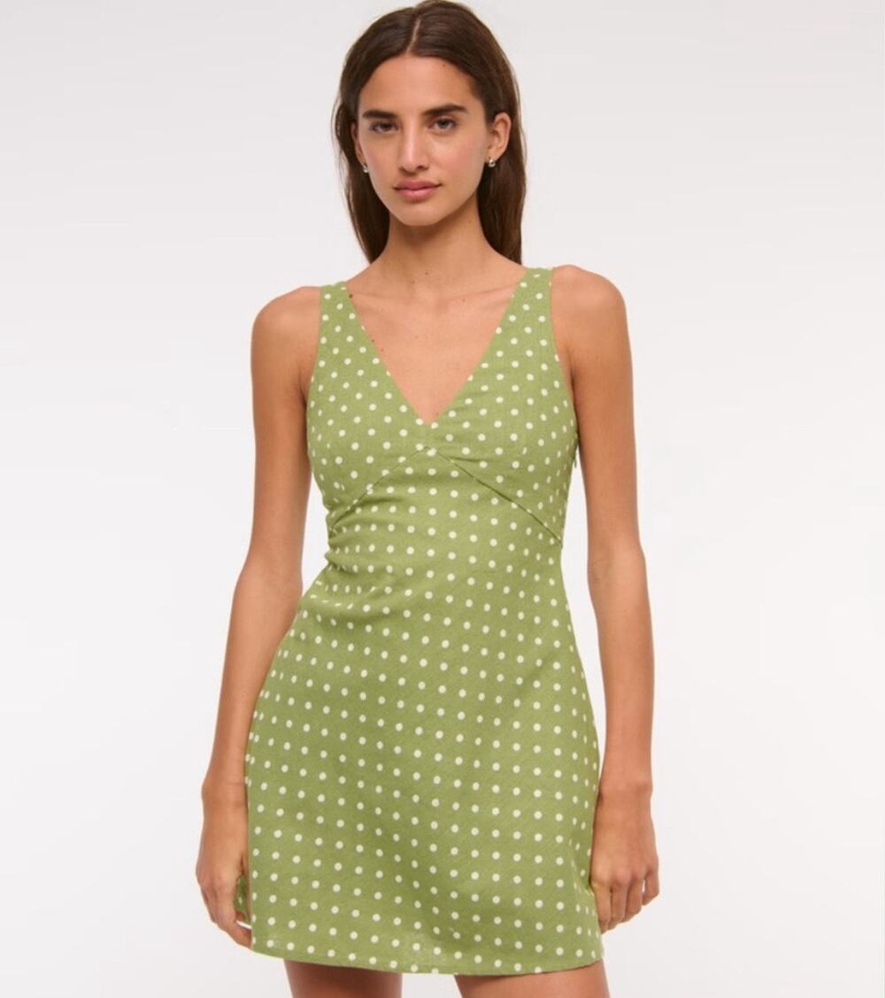 Abercrombie & Fitch V-Neck Linen Blend Mini Dress in Green Polka Dot Small Tall